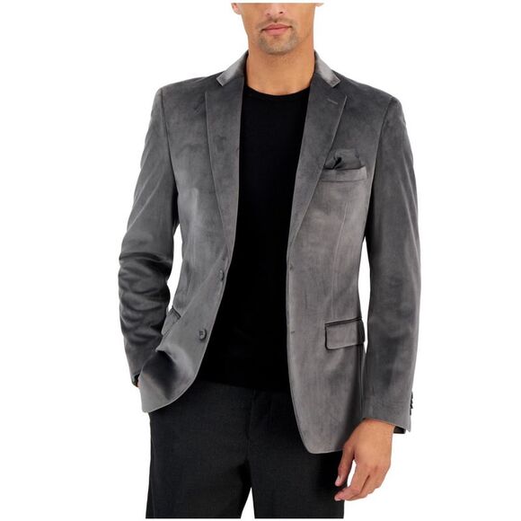 Alfani Mens Slit Fit Solid Velvet Two Button Blazer Jacket Grey 38 Short DM